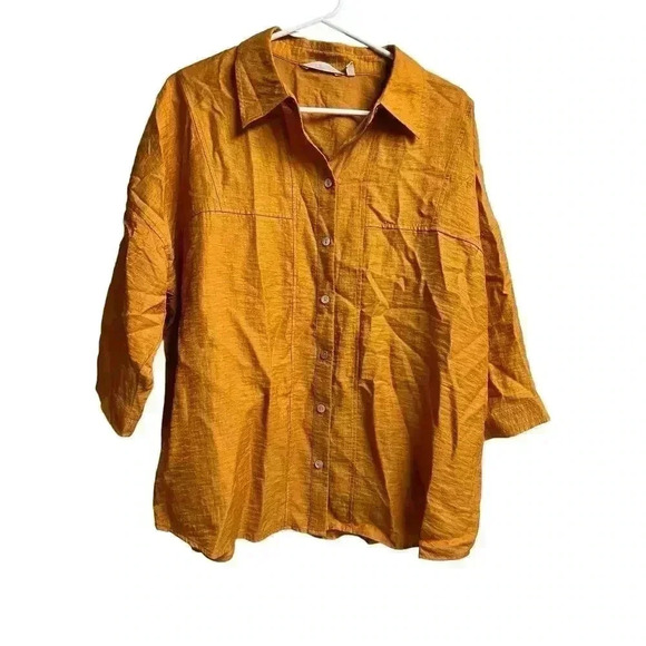 Soft Surroundings Mustard Color 3/4 Sleeves Button Front Top Large - Picture 1 of 9
